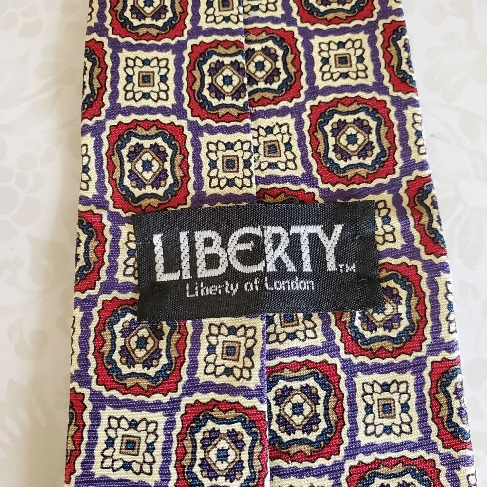 Vintage Liberty of London 100% Silk Tie Red Blue Beige Mens Necktie